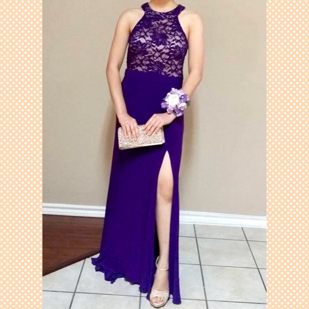 Lace halter dress / gown with slit